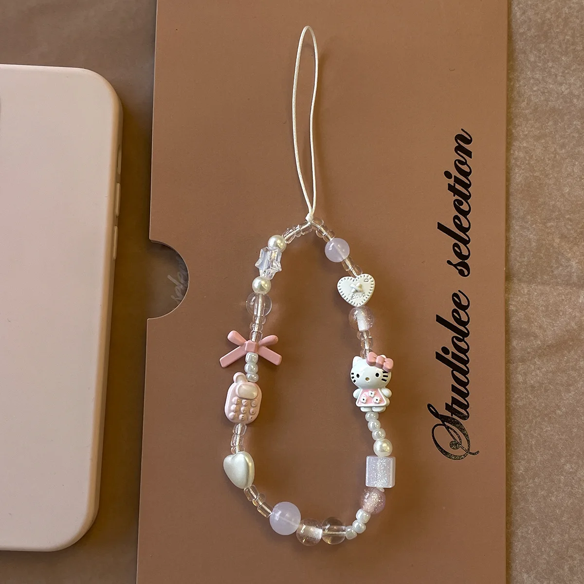 Ins Sweet Kawaii Hello Kitty  Anti-Lost Beaded Phone Strap Cute Bow Heart Bead Handmade Bag Pendant Keychain Gift For Women Girl view 6