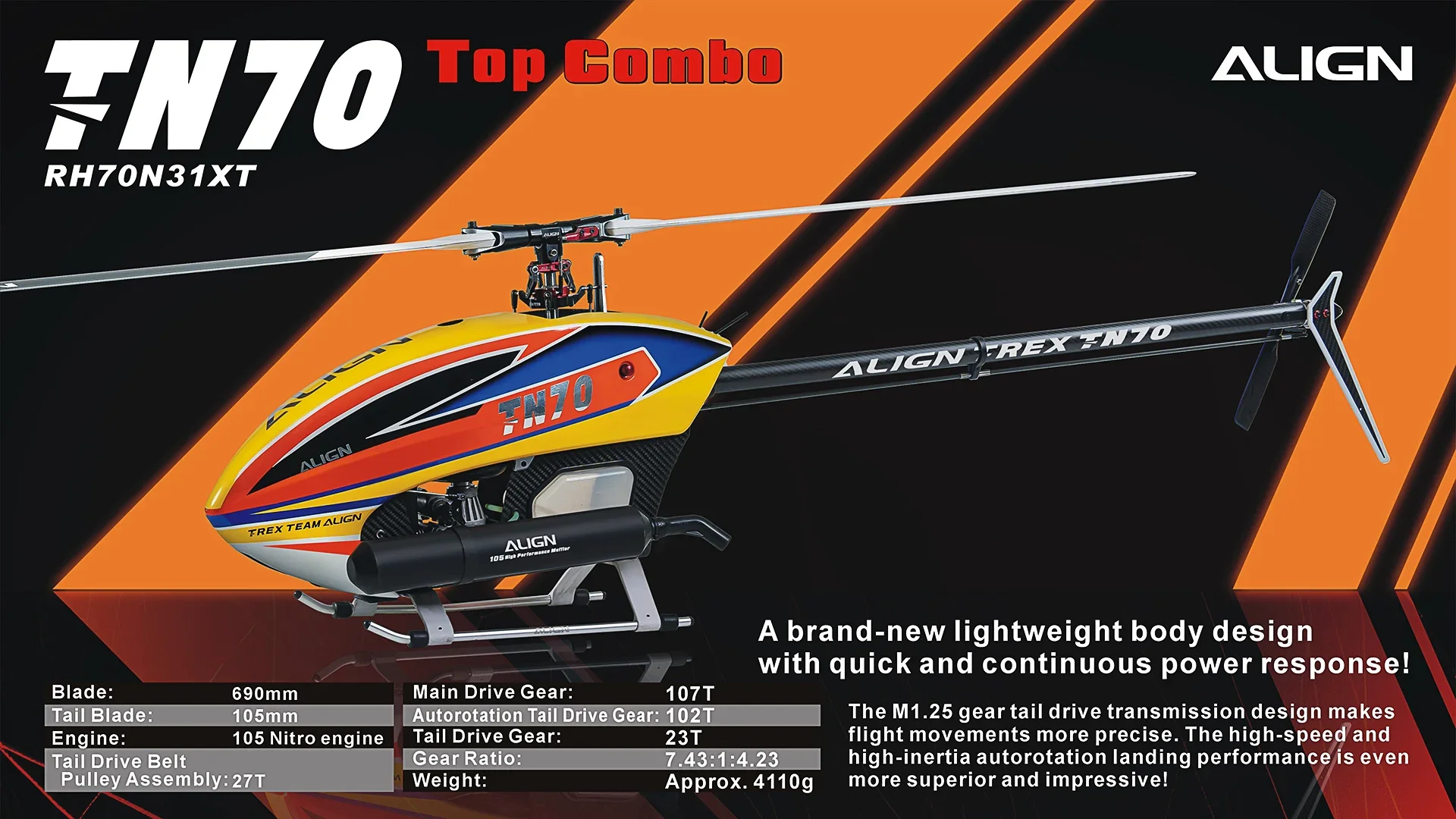 Original AlIGN T-REX TN70 Nitro 3D 6CH RC Helicopter Oil-powered Helicopter Top Combo RH70N31XW