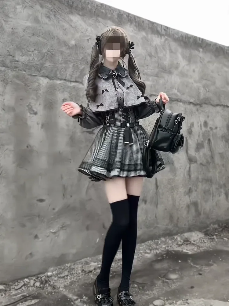 Lizlisa Japanese Style Long Sleeve Waist Cinched Lace Outfit Set High Waist Plaid Skirt Two Piece Set Subculture Spring Autumn