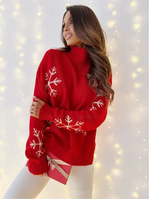 

Women Sweater Autumn Fashion Christmas Snowflake Pattern High Neck Casual Long Sleeve Loose Daily Pullover Knit Sweater