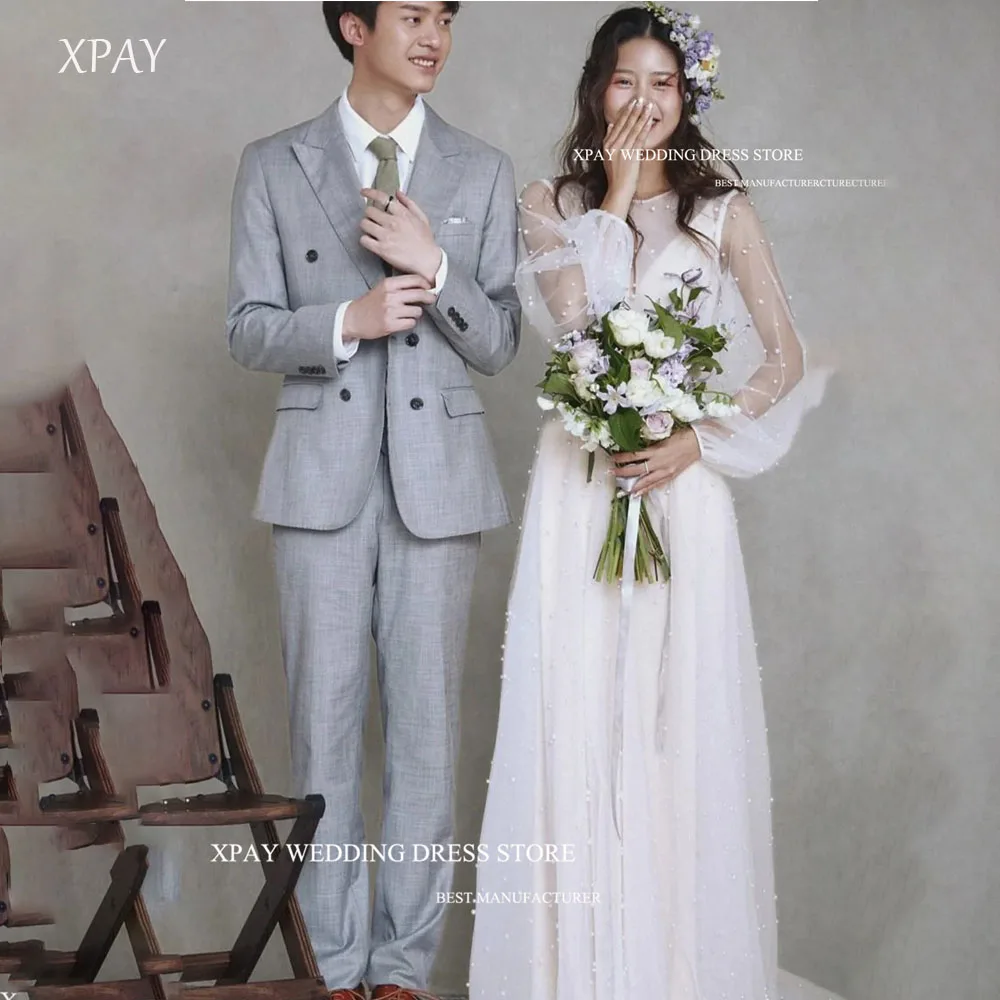 

XPAY Simple White Beaded Floor-Length Korea Wedding Dresses Cap Sleeves Soft Tulle Bridal Gown Customised Bride Dress 2025