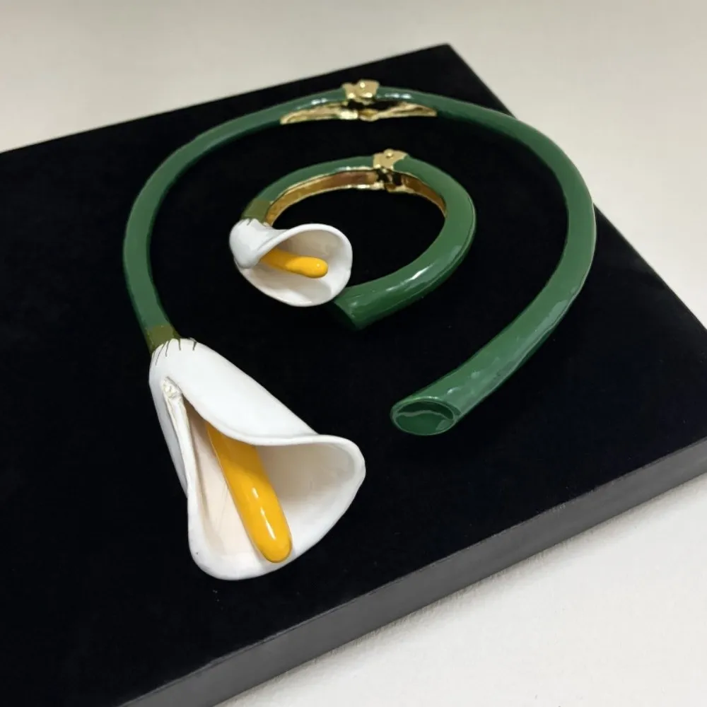 Chic Ring Flowers Jewelry Set Glazing Exquisite Calla Choker Necklace Elegant Vintage Floral Enamel Bracelet Girls