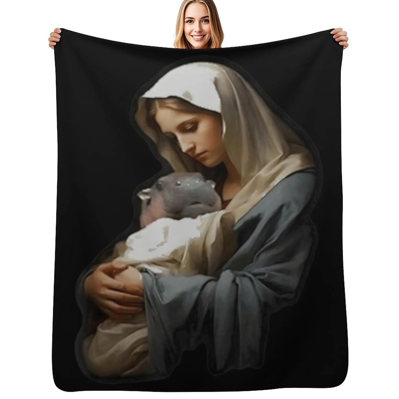 Moo Deng Mother Mary Funny Hippo Lover Jesus Christ Throw Blanket Faux Fur Soft Warm Blanket for Bed