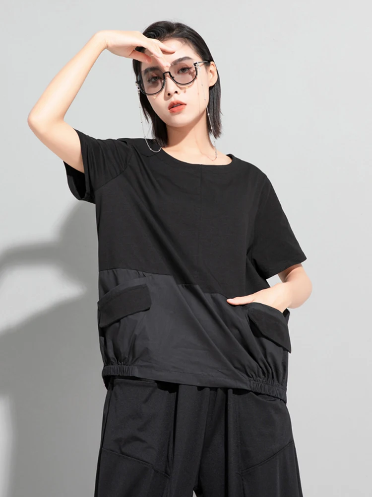 Loose Women's T-shirt Summer Thin New Style Color Block Personality plus Size M Pocket Slimming Small Shirt Street Style roun...