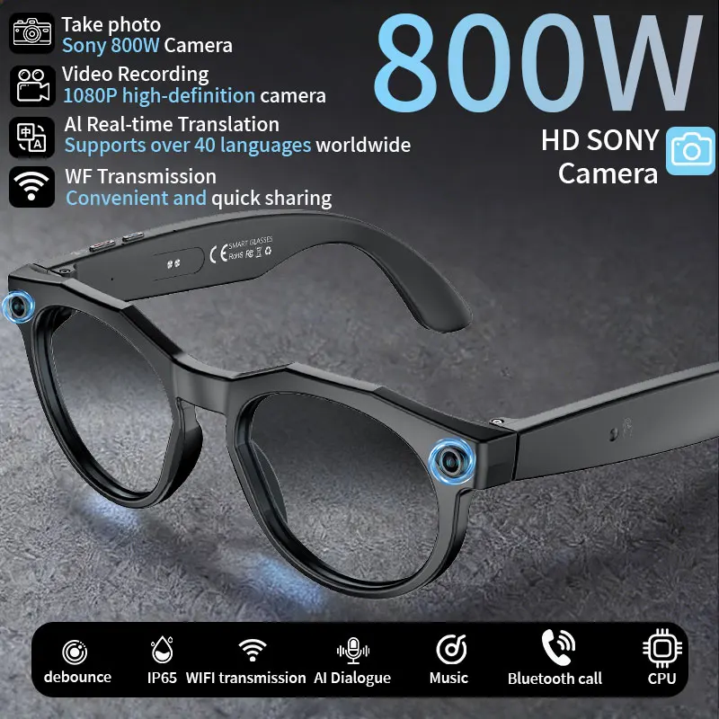 WIFI 8 Million Pixels Smart Glasses Recording Videos AI Photo Recognition Answer Translation 290mAh Waterproof Bluetooth Glasses