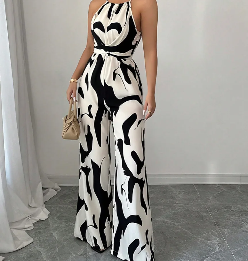 

Zebra Striped Vest Jumpsuit Summer Women's Round Neck Tie Elegant Slim Fit Fashionable High Waist Wide Leg Hanging Neck Jumpsuit