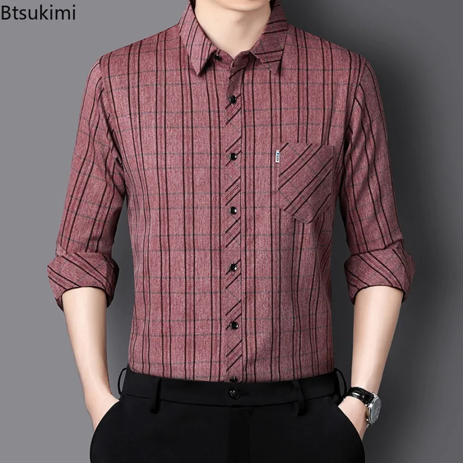 

Men's Contain Plaid Pocket Long Sleeve Shirt Easy Care Autumn Winter Business Casual Comfortable Male Clothing Camisas De Hombre