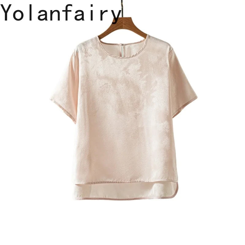 

YOLANFAIRY 100% Real Mulberry Silk T Shirts for Women Summer Jacquard Satin Tee Shirt Femme Elegant Short Sleeve T Shirt Tops