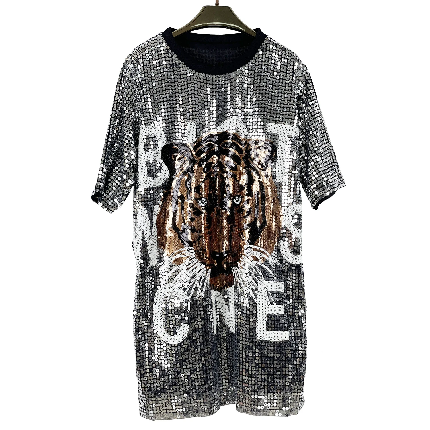 Abito da ballo di strada cool flash top di media lunghezza con perline a maniche corte per donna, vestibilità ampia, stile maglietta da festa per la notte