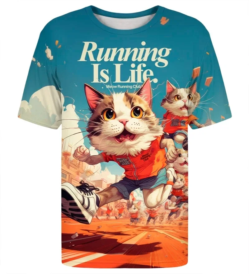 Unisex Cat-themed Sports T-shirts,featuring Adorable Anthropomorphic Kittens Running on Track Urban Cartoon Prints, Casual Style