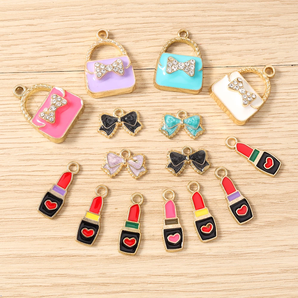 10pcs Cute Mix Enamel Bag Lipstick Bowknot Charms Pendants for Making Drop Earrings Necklaces DIY Crafts Jewelry Accessories