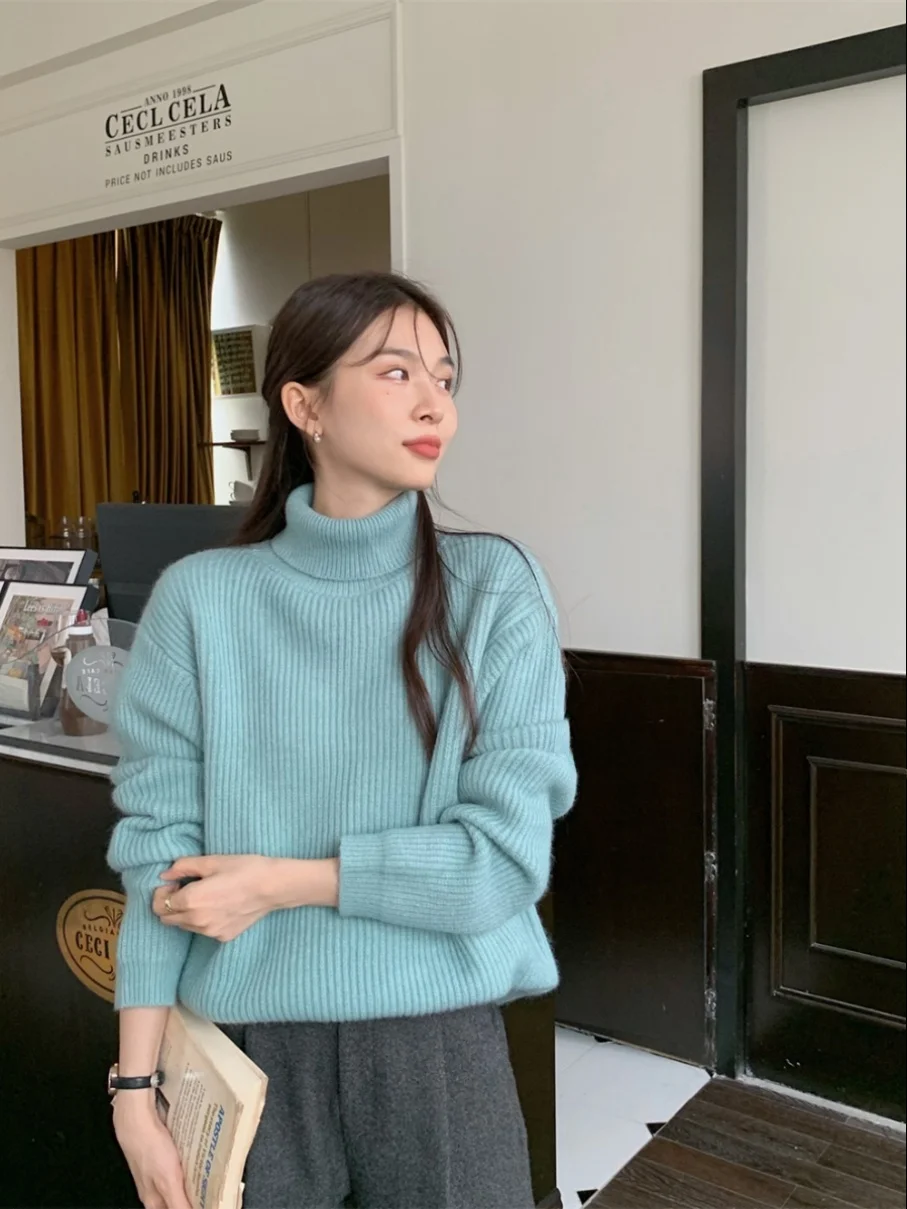 سترة محبوكة بياقة عالية من Thiened سترة نسائية كسول بلون نقي كبير سترة رقيق إحساس كراميل لاتيه Sle تصميم حلو #2