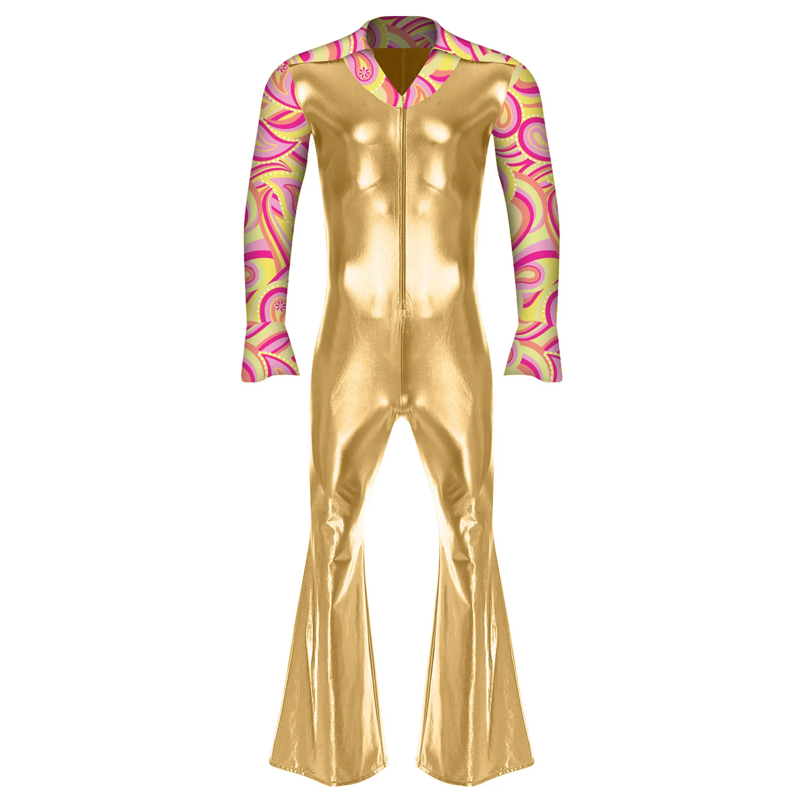 Gentry Mens Dancer Costumes Hippie Rock Jazz Samba Cha Cha Disco Play Dance Jumpsuit Metallic Shiny Long Sleeve Rompers