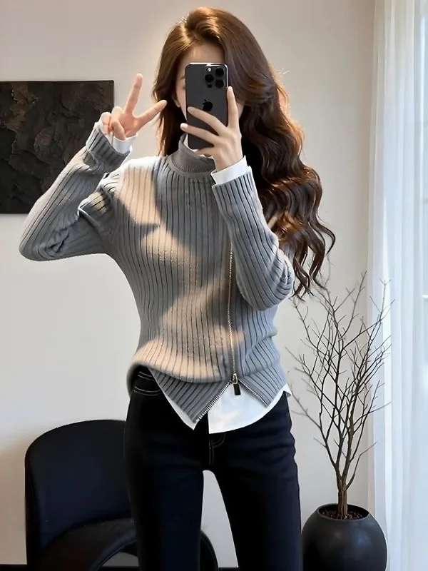 

Женский модный весенний трикотажный топ с асимметричной молнией, воротником-стойкой и универсальным дизайном в корейском стиле