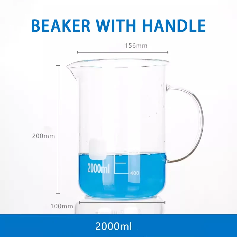 Low beaker experimental equipment high temperature resistant graduated high borosilicate glass measuring cup with handle 2000ml