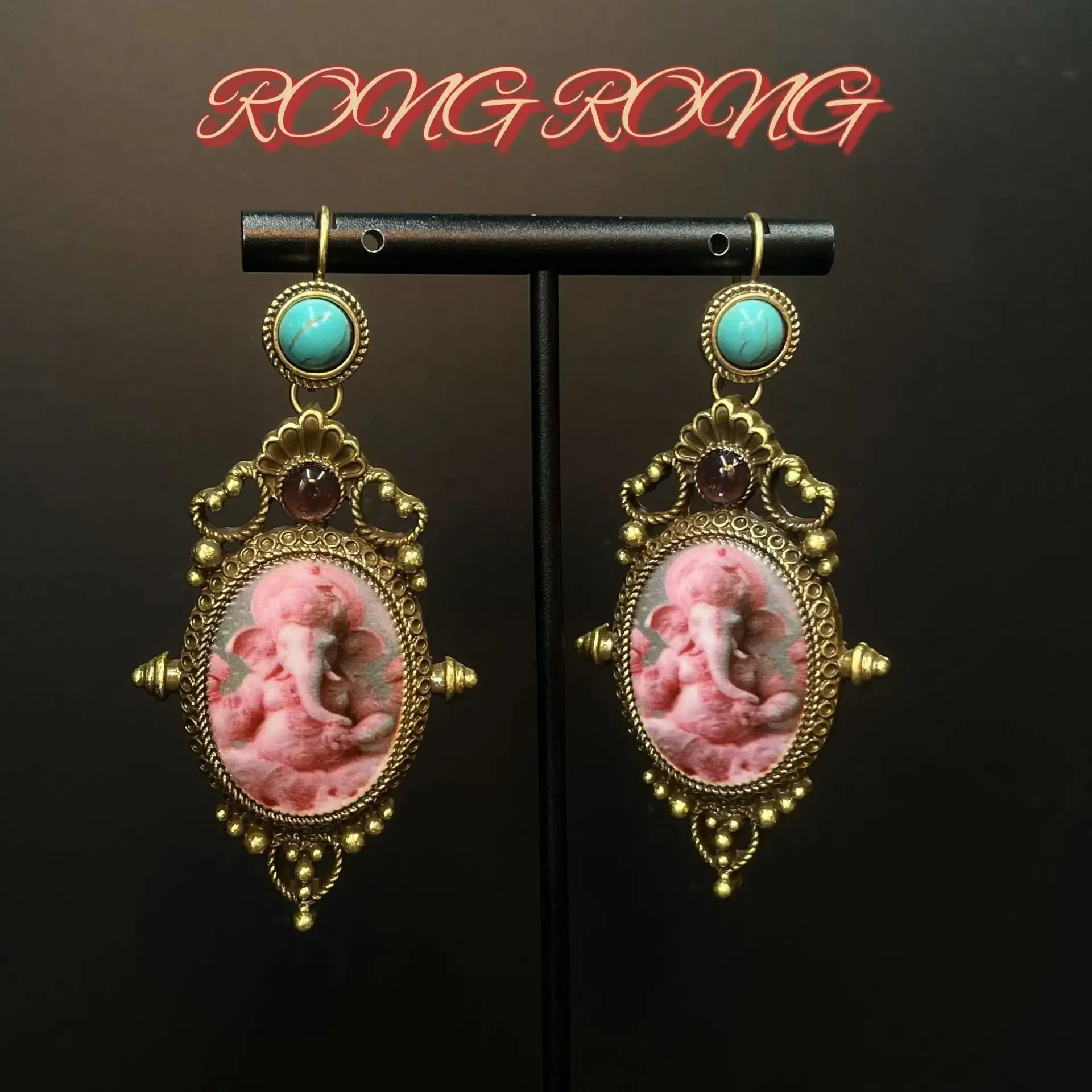 Retro Palace Style Heavy Pink Elephant Print Earrings High Quality Western Antique Earrings Vintage Earrings