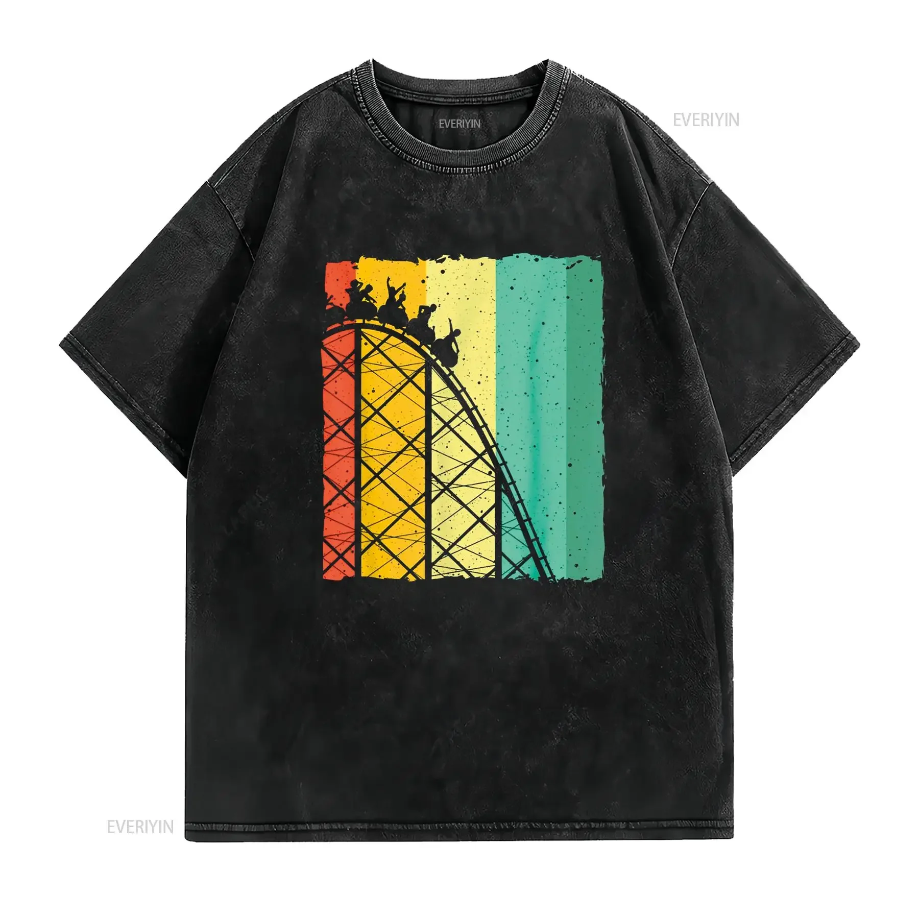 Cute Vintage Roller Coaster Design Amusement Park T Shirt Black Large vintage Washed Casual Soft graphic Stylish Stretched