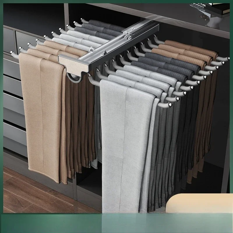 Trousers rack telescopic wardrobe household built-in slide rail pull-out cabinet inner top, side-mounted pull basket