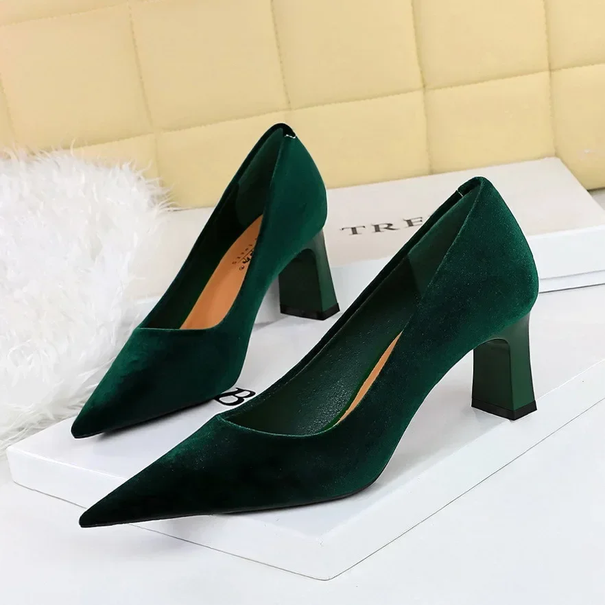 BIGTREE Women 6cm High Heels Pumps Lady Satin Silk Fashion Block Low Heels Wedding Bridal Escarpin Catwalk Green Red Prom Shoes view 6