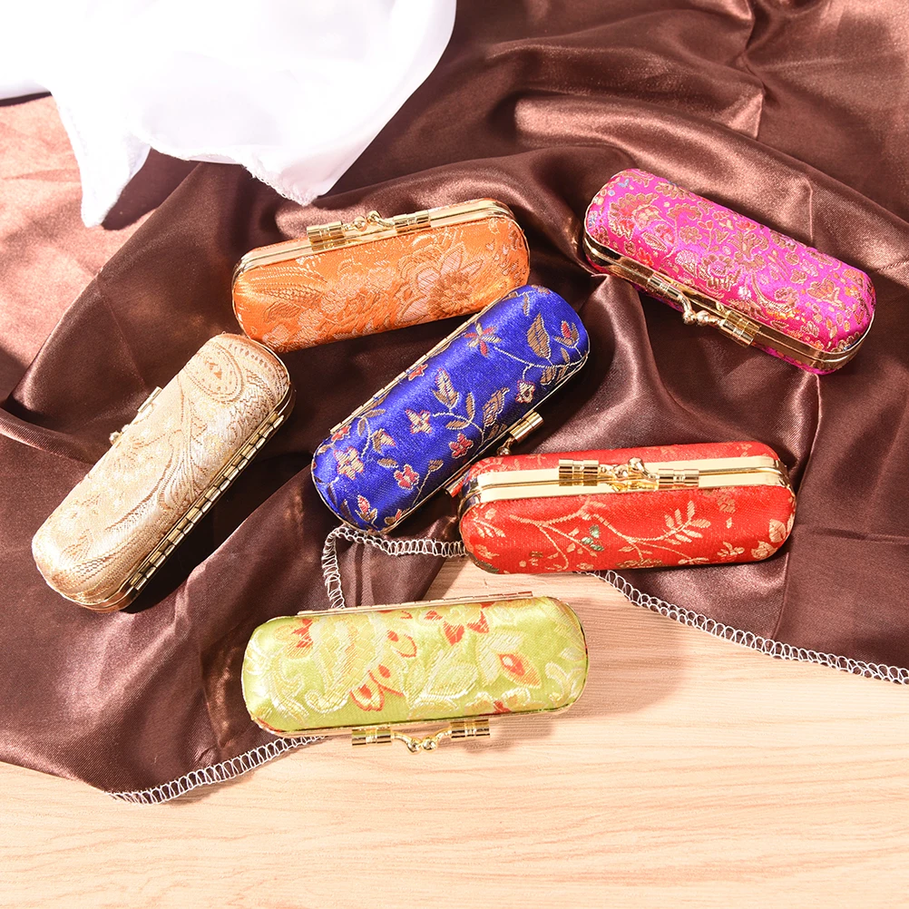 Iron Clip Lipstick Case Holder With Mirror Inside & Snap-On Closure Retro Brocade Embroidered Flower Design Lipstick Case Holder