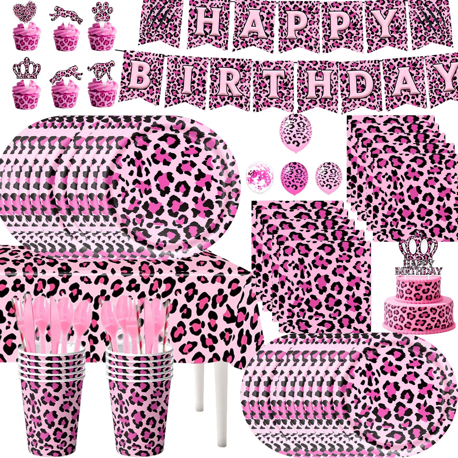 Décorations de fête d'anniversaire imprimé léopard rose, fournitures de table, bannière, décoration de gâteau, nappe, ballons pour cadeaux de dîner