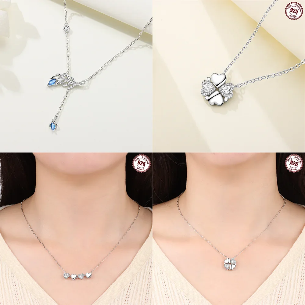 

Fashion 925 Silver Shiny Zircon Moon Necklace Four-leaf Clover with Two Retractable Necklaces for Women's Birthday Jewerly Gifts