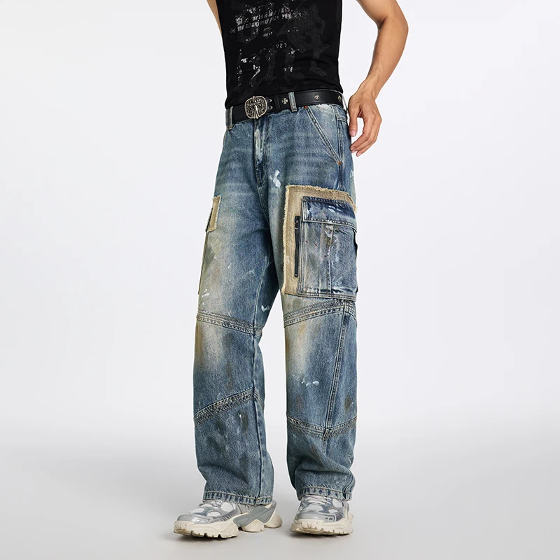 Retro Japanese washed ink splatter patchwork loose straight leg denim pants wide leg jeans men jeans for men streetwear