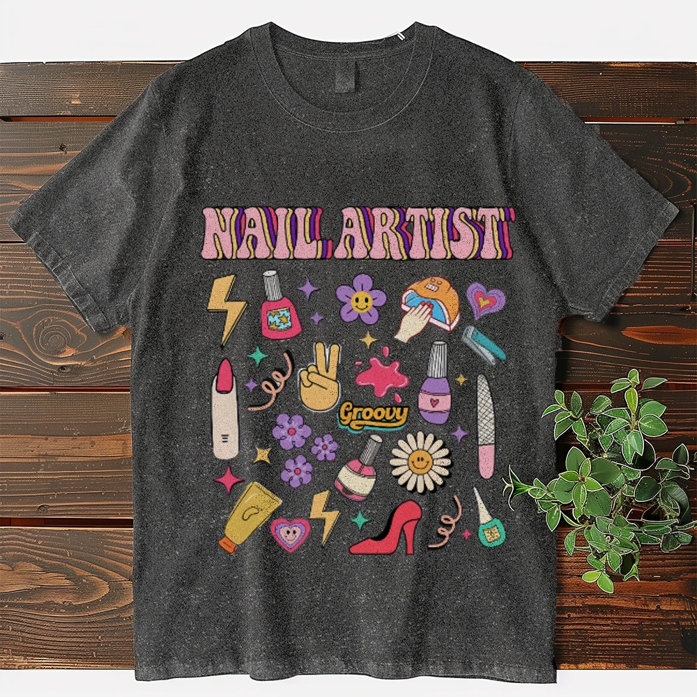 Nail Artist Girl Women's washed t-shirt Vintage Casual Oversized Hip Hop  Color Contrast Round Neck Chic Tops  Clothes Unisex