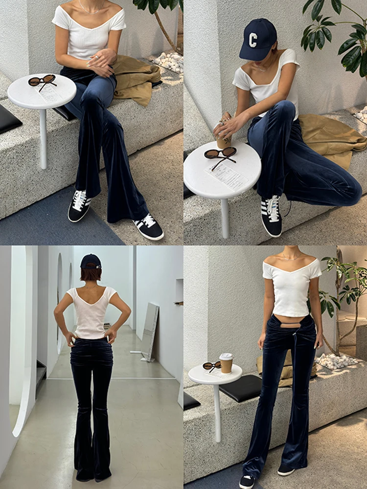 VanessaLab Deep Blue Velvet Low Waist Stretch Women's Micro La Irregular Casual Pants