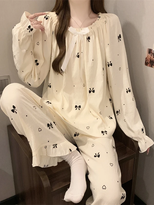 

Princess Style Long Sleeve Pure Cotton Sleepwear Set for Women Spring Autumn Winter Cute Knot Large Size Home Clothes