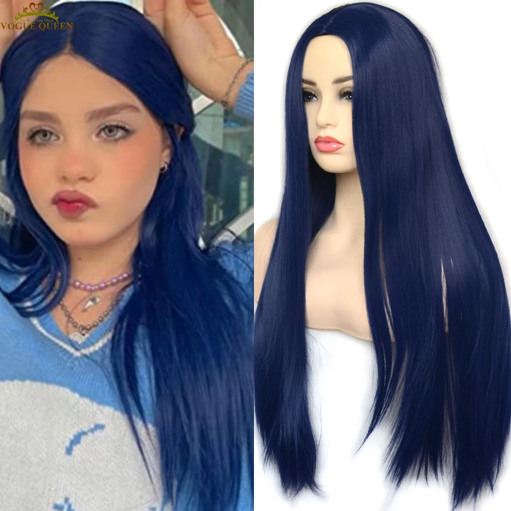 Voguequeen Dark Blue Straight Synthetic Wigs Full Machine Made Wigs Heat Resistant Fiber Cosplay For Women