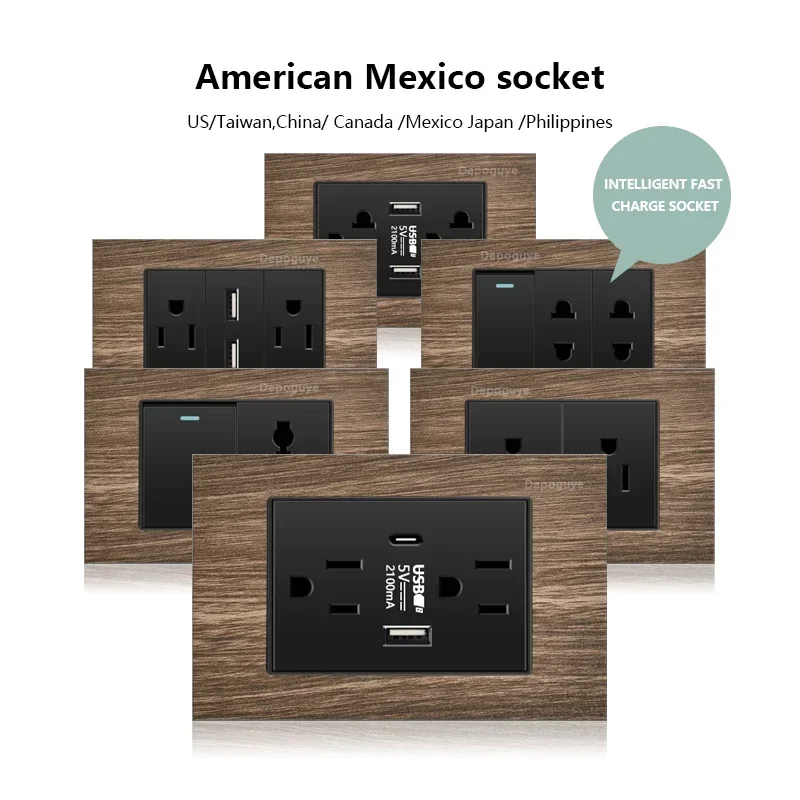 American Aluminum Wood Wall Switch Socket Plug,US Mexico Standard Wood Grain Wall USb Type C Power Outlet Light Switch Panel
