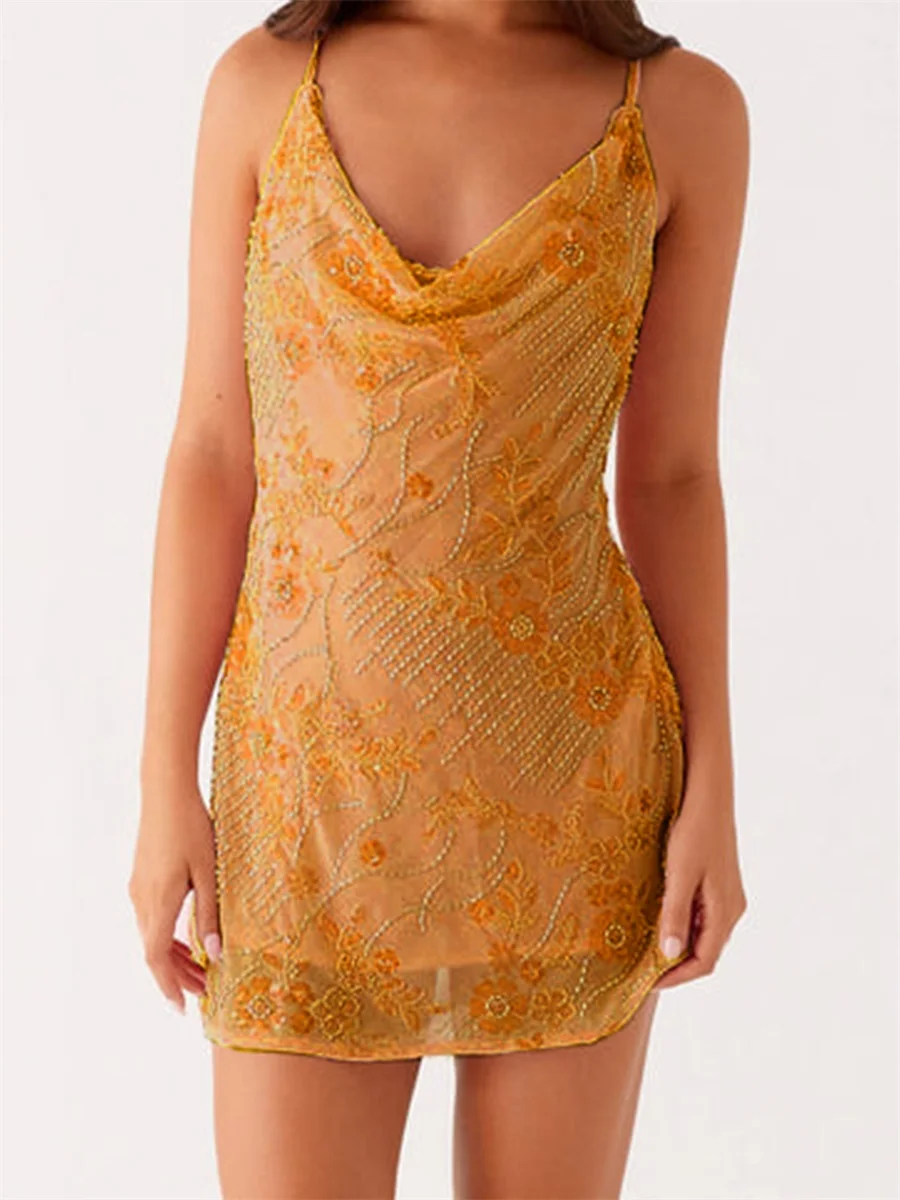 Nuovo mini abito da donna con paillettes ricamate con perline e collo ad anello, abito senza maniche, moda estiva, streetwear S-XL