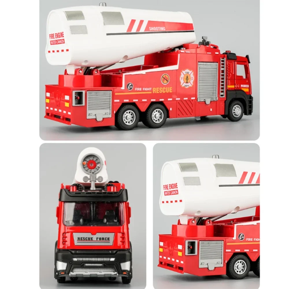 Jouet de camion de pompiers arroseur 1:32, modèle de voiture en alliage moulé sous pression, véhicule d'ingénierie, son, lumière, nervure, portes arrière ouvertes, cadeaux d'anniversaire