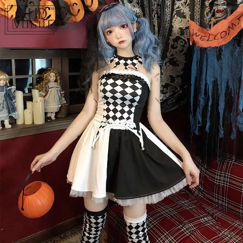 Vestidos góticos sin tirantes para Halloween, ropa de actuación de circo, disfraz de payaso, conjunto de disfraces de Cosplay de cuadrícula en