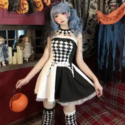 Vestidos góticos sin tirantes para Halloween, ropa de actuación de circo, disfraz de payaso, conjunto de disfraces de Cosplay de cuadrícula en blanco y negro, Sexy, nuevo