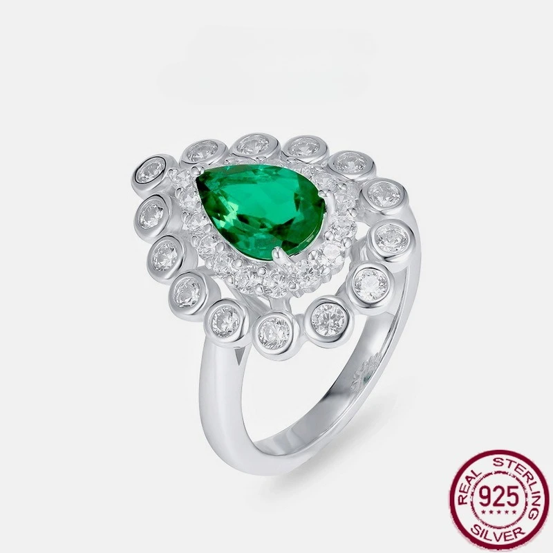 

New S925 pure silver cultivated emerald ring full of gemstone jewelry retro noble European and American style wedding jewelry