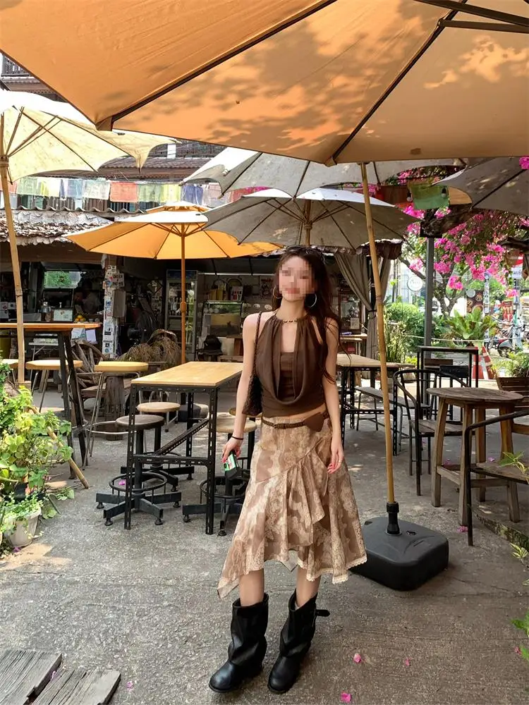 Cafeaunder Heavy Embroidery Lace Print Patchwork High Waist Draped Midi Skirt Asymmetric Korean Style Ladies' Commute Dress