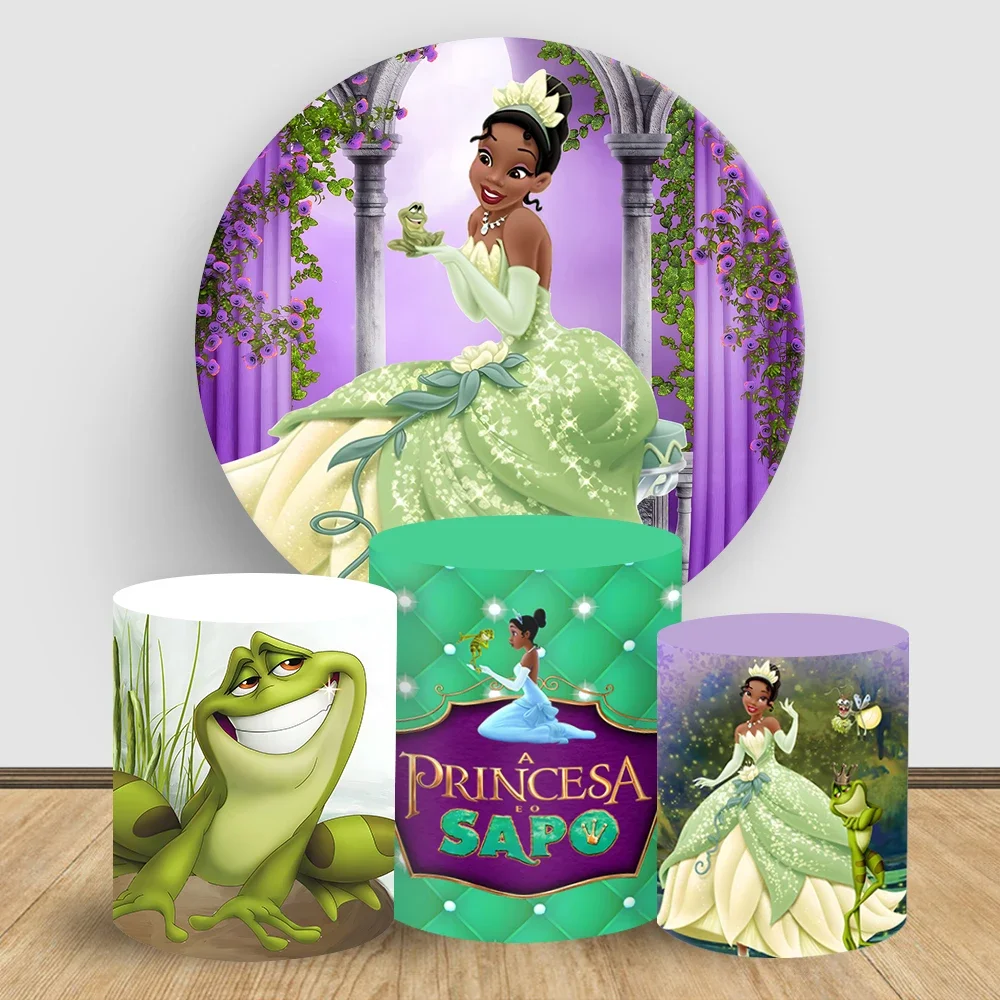 

Princess Tiana with Frog Round Backdrop Cover Baby Shower Photography Birthday Party Cylinder cake background cloth cover Decor