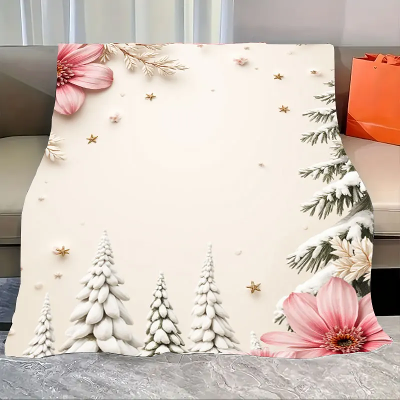 

1pc Flannel Blanket Chic Winter Wonderland Blanket with Pink Floral and Snowy Trees Design