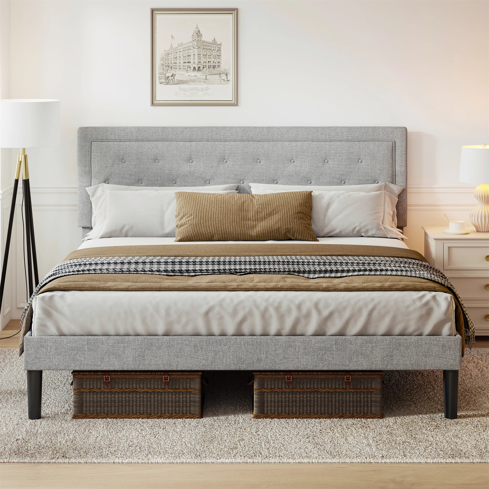 [Flash Sale]Queen Size Light Grey Bed Frame with Adjustable Border Headboard[US-Stock]