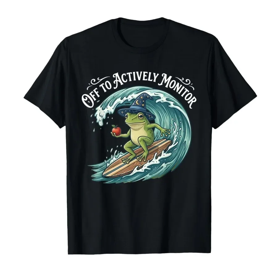 Off to Actively Monitor Funny Frog Surfing Teacher Test Day T-shirt For Men Women 100% Cotton T Shirts Short Sleeve Tops 0417-2