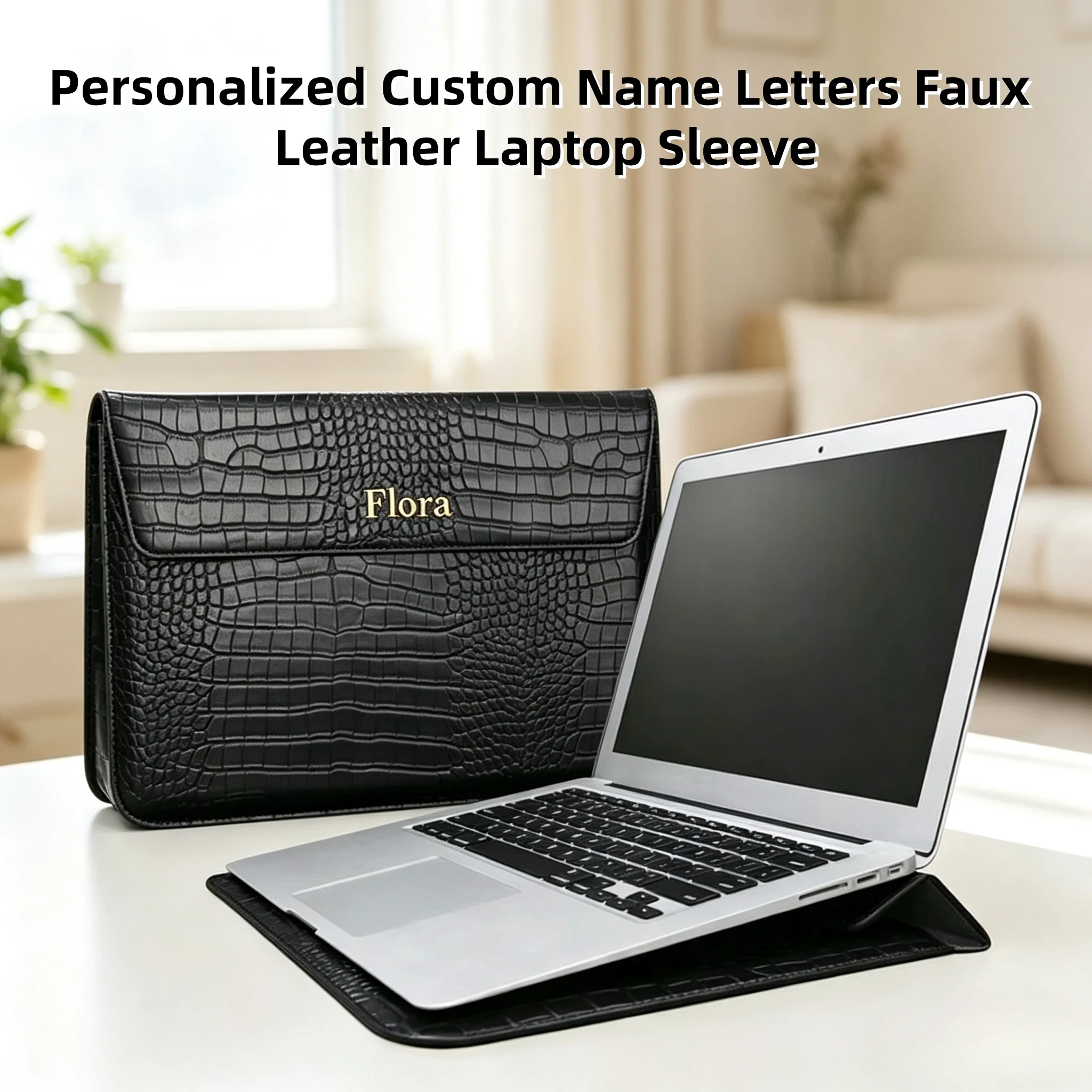 Customized Letter Crocodile PU Leather Men's Laptop Case Bag 13.3/15.4 Pro Laptop Stand Cover Case, Unisex, Shockproof Durable