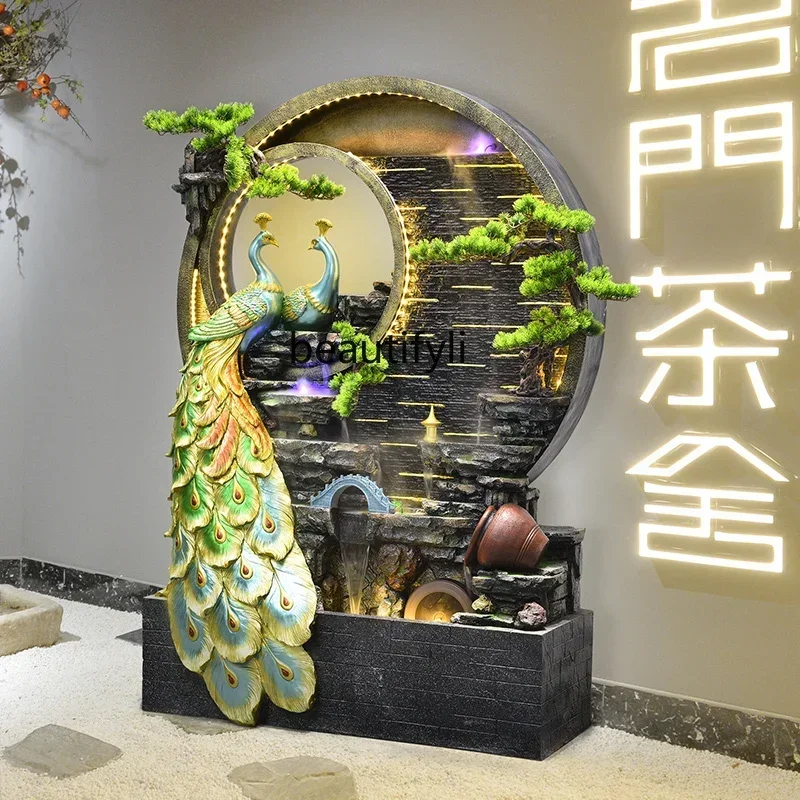 

smt14 SS NewNew Chinese peacock, water curtain lucky landscape courtyard hotel tea room office decoration floor ornament