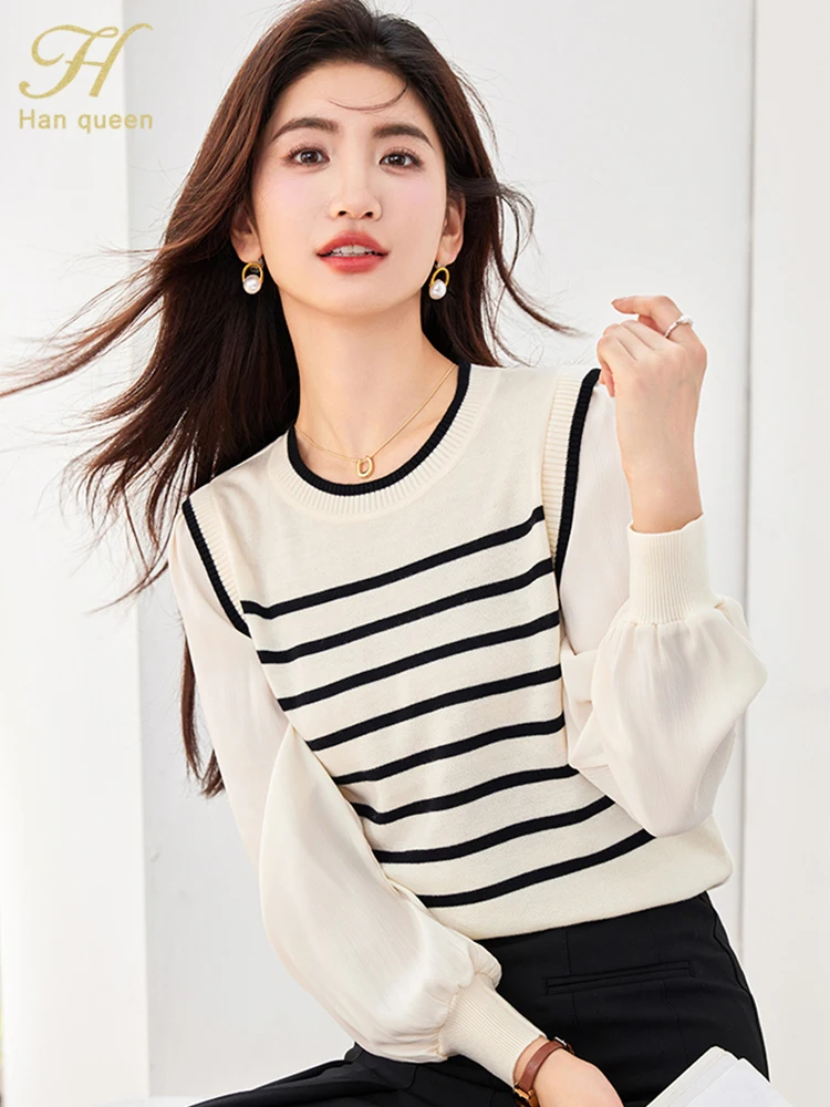 H Han Queen Autumn Winner Fashion Stripe Pullover Sweater Vintage Casual Tops Women Clothing Chic Basic knitted Sweaters