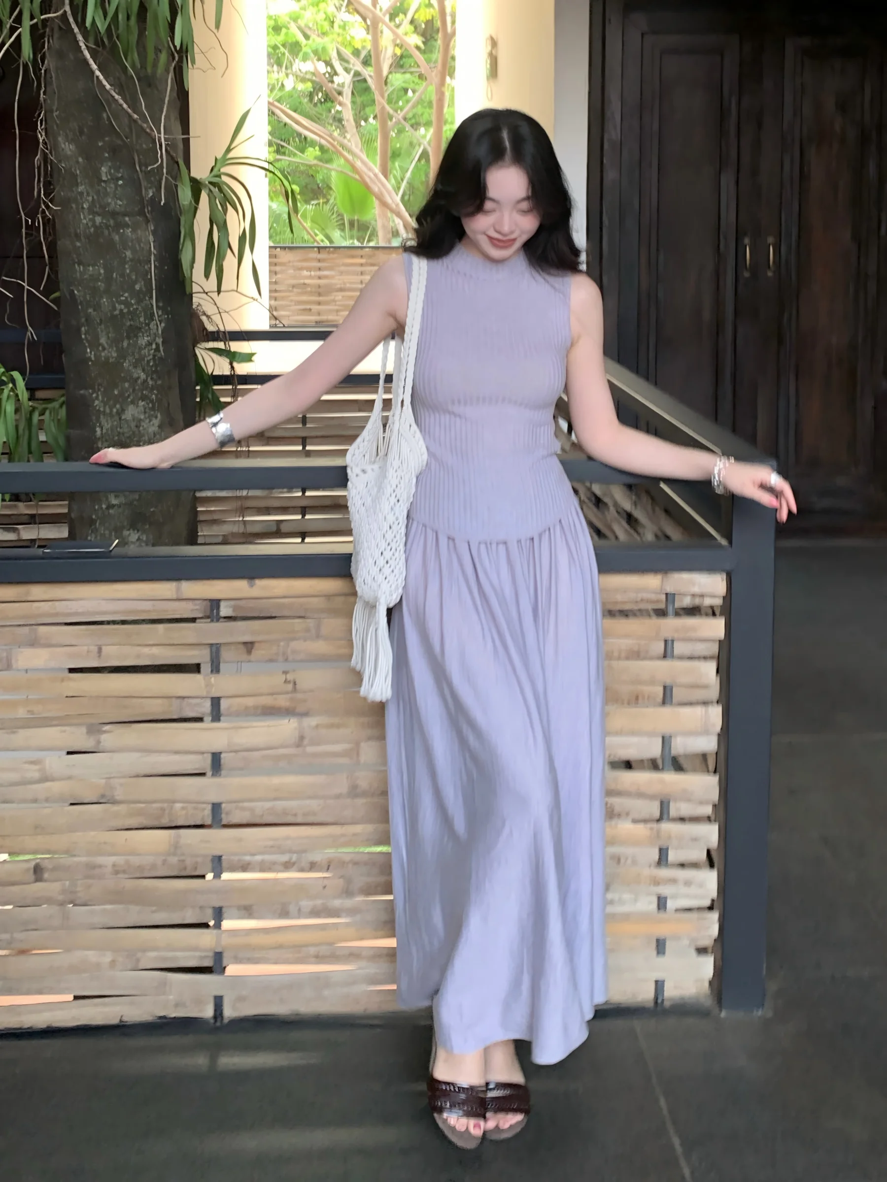 

Syty Pure Color Sweet Style Sleeveless Knitted Casual Top Slimming High Waist Skirt Set Asymmetric Design High Elasticity Fas...