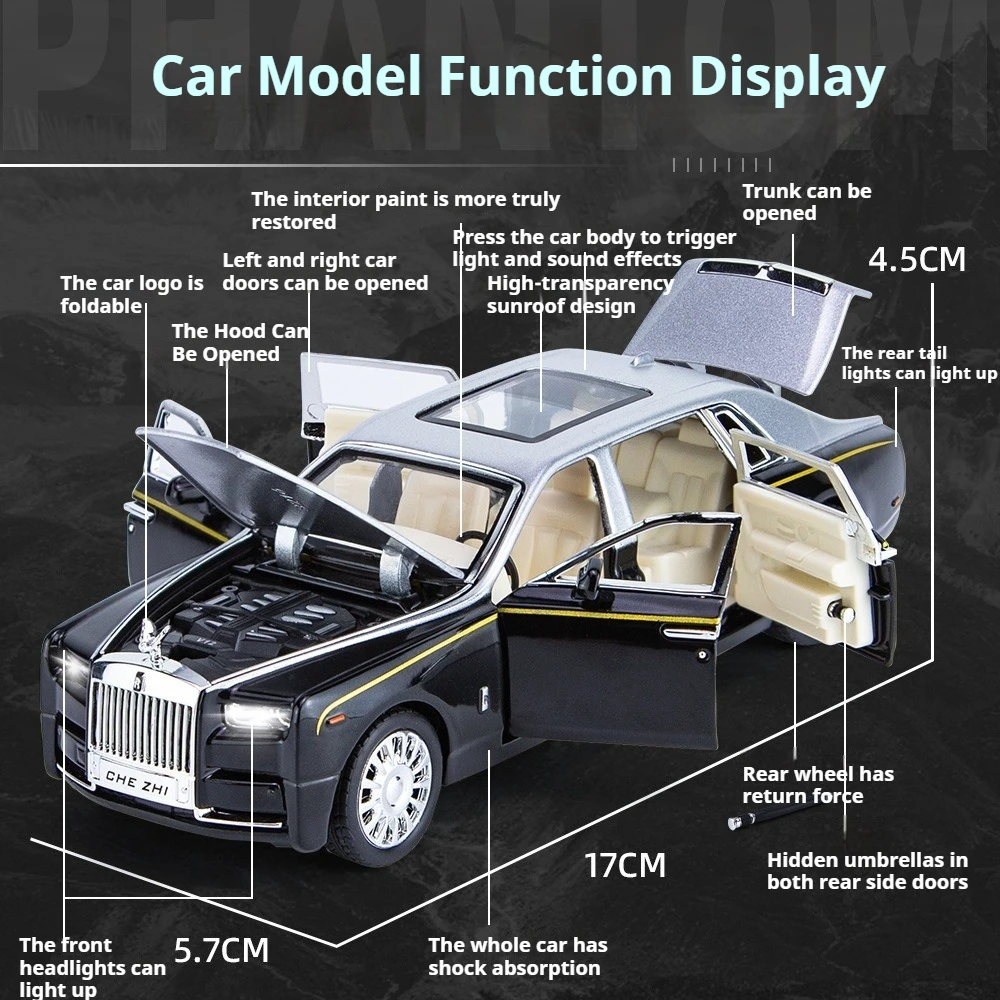 1:32 Scale Rolls-Royce Phantom Toys Miniature Model Diecast Alloy Cars Sound Light Pull Back Doors Opened Vehices Holiday Gifts