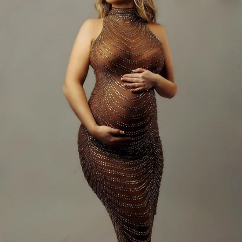 Maternity Photography Gown Baby Shower Dress Sexy Shiny Rhinestone Goddess Bodysuit Pregnant Woman Maternity Dresses Photoshoot