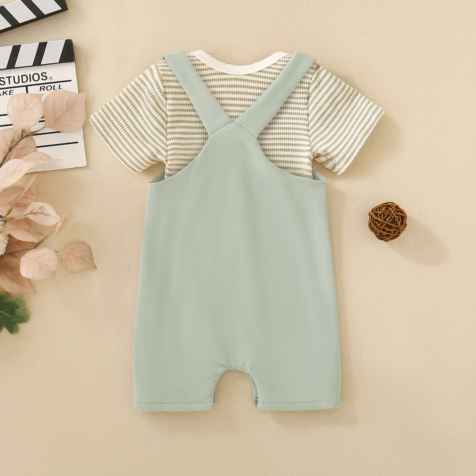 Summer Neutral Infant Brown Striped Short Sleeve Romper and Three Birds Overalls Two-piece Set