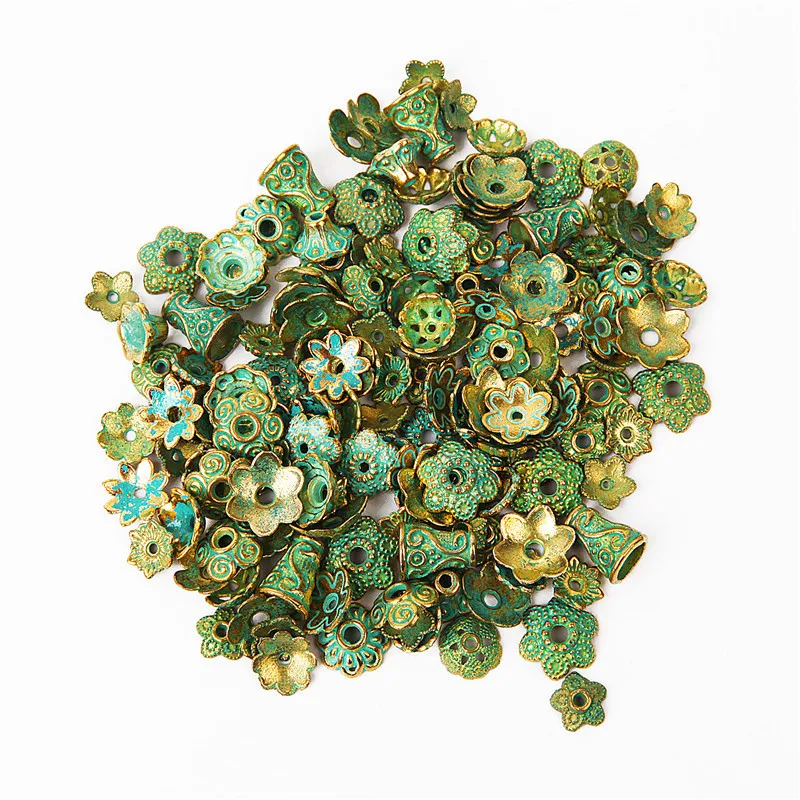 150pcs Mixed Antique Green Gold End Bead Caps Carved Flower Beads for Jewelry Making Women Necklace Bracelet DIY Accessories